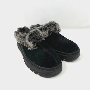 Skechers Shoes Women's Size 7 Slides Slippers Clogs Faux‎ Fur Black 45703